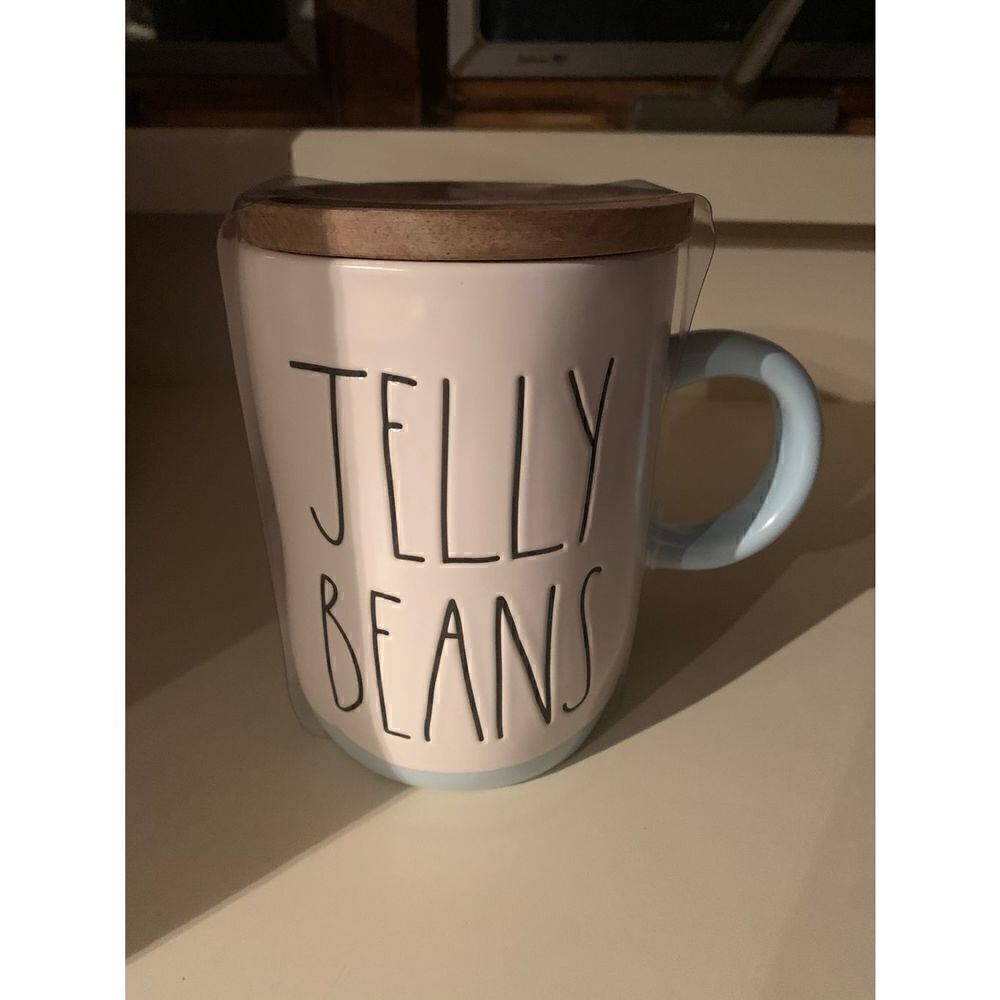 Rae Dunn JELLY BEANS Mug WITH WOODEN COASTER LID - Ivory & Blue